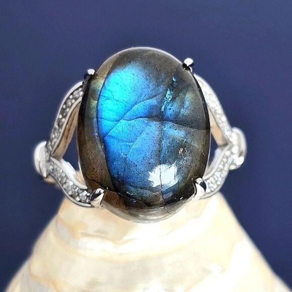 Natural Oval Labradorite & CZ 925 Sterling Silver Ring Sz 6.5 - Picture 1 of 8